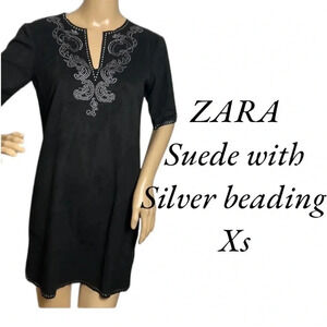 Sequin dress by ZARA ,XS Black Suede mini dress ,metallic silver  embellished